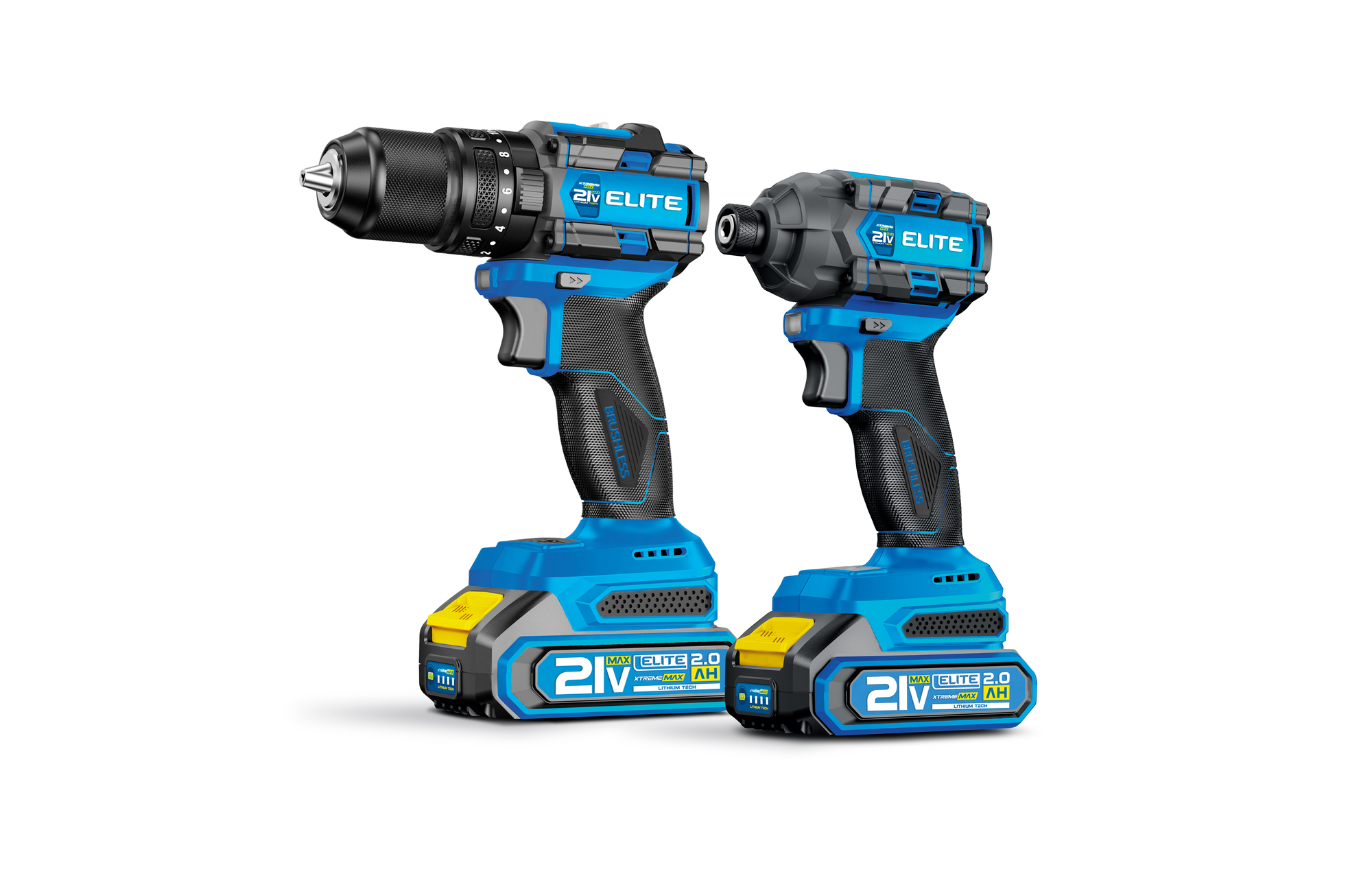 Kit Inalámbrico Brushless 21V ELITE – Taladro Percutor 1/2” + Atornillador de Impacto 1/4”